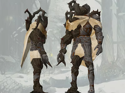 Dark Fantasy Game Character With Spiked Armor Tattered Cape And Horned Helmet 3d model