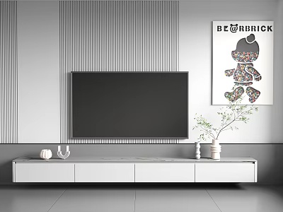 Minimalist TV Stand with Flat Screen TV on Striped Wall and BE@RBRICK Artwork Vase Decorations 3d model