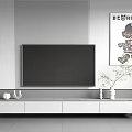 Minimalist TV Stand with Flat Screen TV on Striped Wall and BE@RBRICK Artwork Vase Decorations 3d model