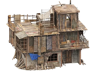 Dilapidated Multi Storey Residential Building With Wooden Structure Balconies And Worn Planks 3d model
