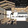 Traditional Japanese Restaurant Interior With Wooden Ceiling Tables Decorative Paintings And Open Kitchen