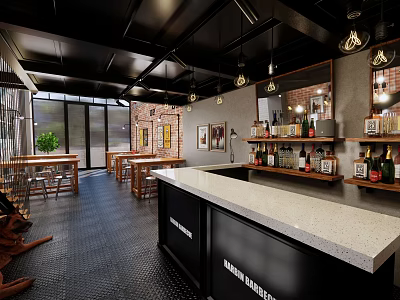 Stylish Restaurant Interior With Bar Counter Wooden Tables Pendant Lights And Brick Walls 3d model