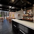 Stylish Restaurant Interior With Bar Counter Wooden Tables Pendant Lights And Brick Walls