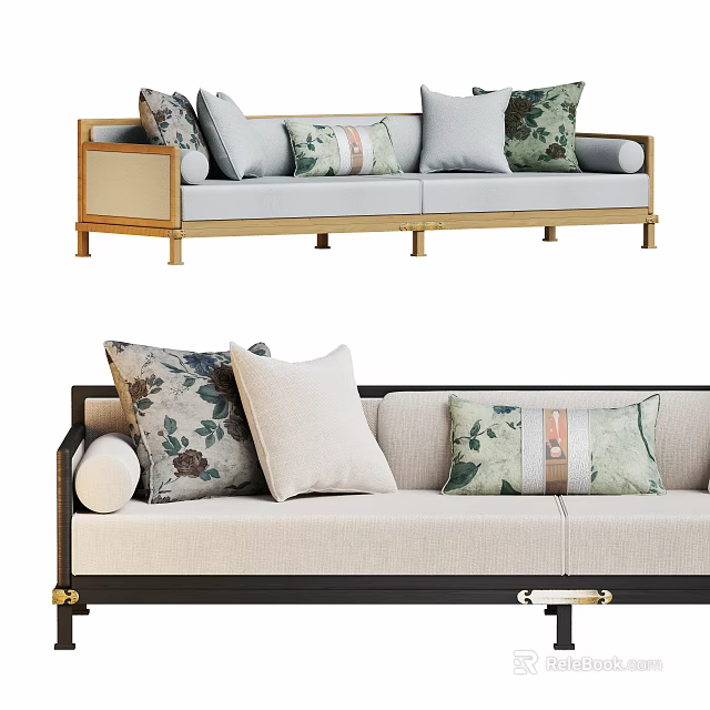 Light Gray Beige Three Seater Sofa With Wooden Black Frame Patterned Solid Cushions Metal Legs 3d model