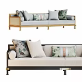 Light Gray Beige Three Seater Sofa With Wooden Black Frame Patterned Solid Cushions Metal Legs 3d model