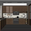 Modern Kitchen Interior With Dark Brown Cabinets Circular Range Hood Countertop And Appliances
