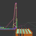 Offshore Drilling Platform With Tall Rig Red Pile Structures And Vessel On Water