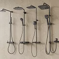 Black Modern Shower Systems Wall Mounted With Top Sprayer And Handheld On Beige Textured Wall
