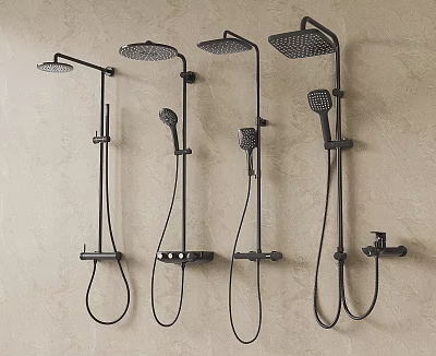 Black Modern Shower Systems Wall Mounted With Top Sprayer And Handheld On Beige Textured Wall 3d model