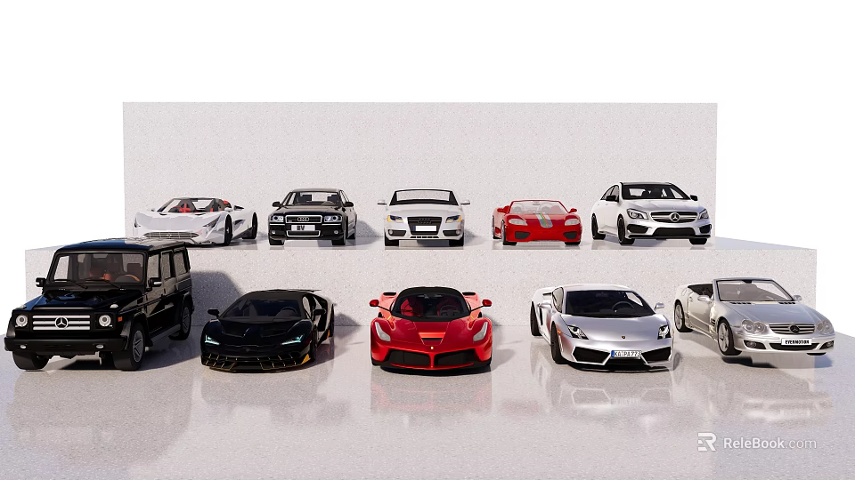 Various Sports Cars Sedans And SUV In Different Colors On Display Stand 3d model 