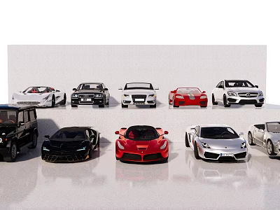 Various Sports Cars Sedans And SUV In Different Colors On Display Stand 3d model
