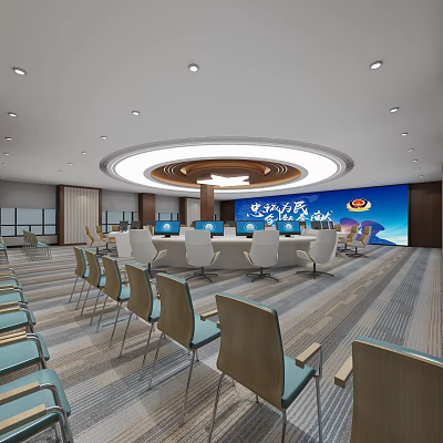 Modern Monitoring Room Interior With Large Screens Control Consoles And Chairs 3d model