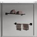 Black Wall Mounted Bathroom Shelf with Rolled Folded and Hanging Striped Towels
