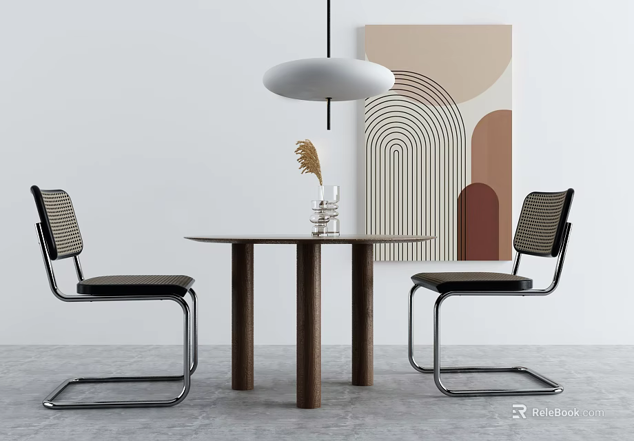 Modern Round Dining Table Set with Two Chairs Hanging Pendant Light and Abstract Wall Art 3d model