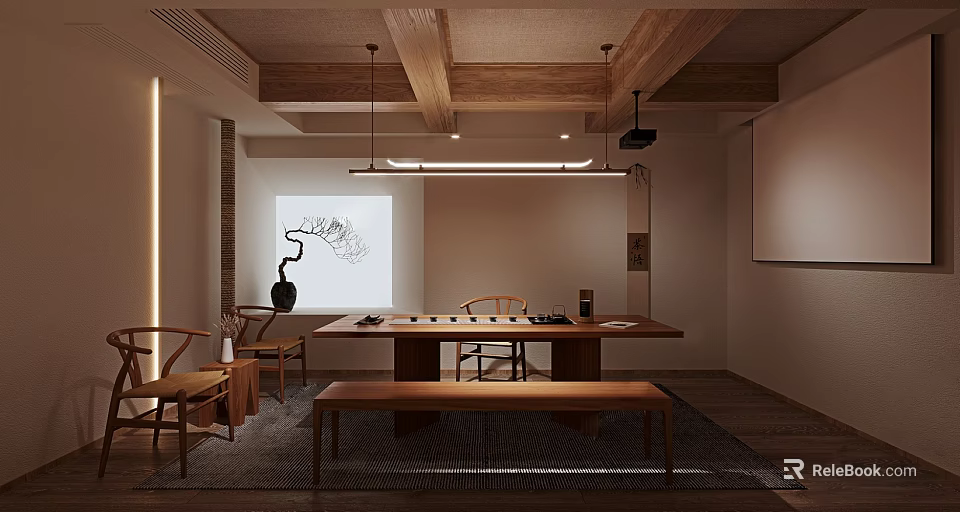 Minimalist Teahouse Interior With Wooden Ceiling Beams Hanging Lighting Projection Screen And Furniture 3d model 