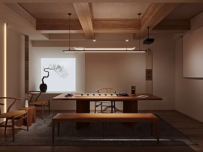 Minimalist Teahouse Interior With Wooden Ceiling Beams Hanging Lighting Projection Screen And Furniture 3d model