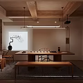 Minimalist Teahouse Interior With Wooden Ceiling Beams Hanging Lighting Projection Screen And Furniture