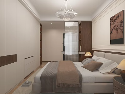 Modern Bedroom Interior With White Wardrobes Bed Brown Throw Pillows Chandelier And Wall Art 3d model