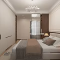 Modern Bedroom Interior With White Wardrobes Bed Brown Throw Pillows Chandelier And Wall Art