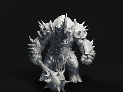 Mythical Horned Muscular Creature Warrior With Spiked Armor And Club Weapon 3d model