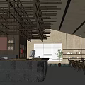 Traditional Tea House Interior With Wooden Ceiling Beams Black Counter And Dining Tables