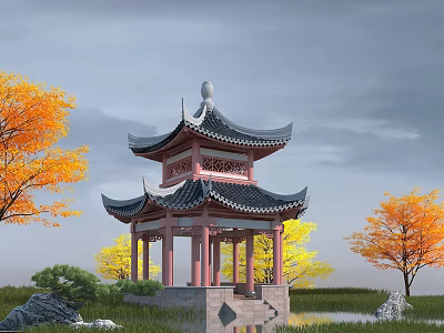 Chinese Traditional Pavilion With Multi Tiered Roof Curved Eaves And Autumn Trees By Pond 3d model