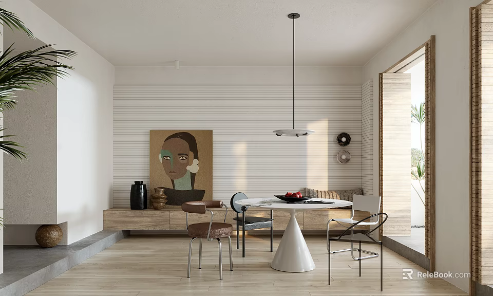 Modern Restaurant Interior With Round Dining Table Pendant Light Wooden Flooring And Chairs 3d model 