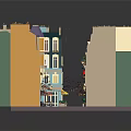 Cartoon Street Scene with Colorful Buildings Balconies Awnings Benches and Street Lamps