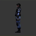 Standing Humanoid Character In Blue Tactical Gear With Protective Vest Helmet And Knee Pads