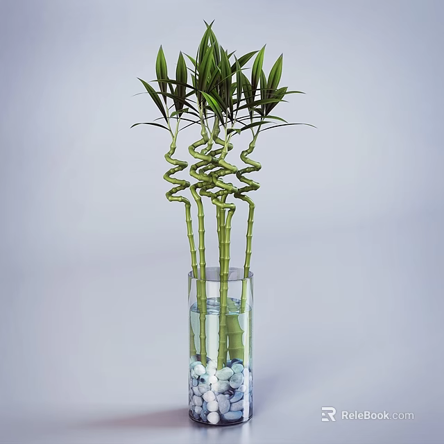 Glass Vase With Spiral Shaped Bamboo Decorated With White And Blue Pebbles And Water 3d model 