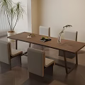 Modern Dining Table Set With Light Gray Chairs Tall Plant And Window Blinds 3d model