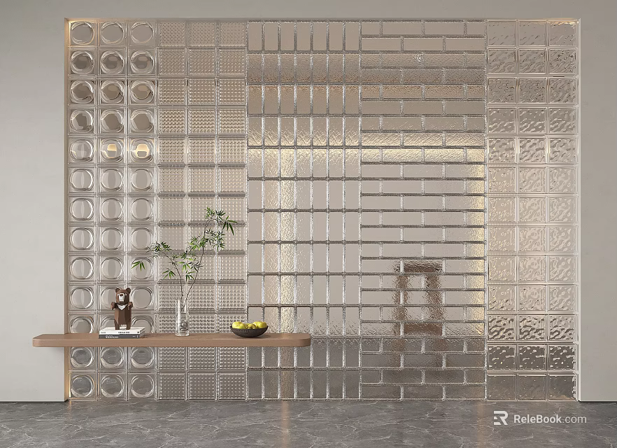 Modern Glass Block Partition Wall In Contemporary Interior With Wooden Shelf Vase And Fruit 3d model 