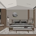 Serene Modern Bedroom Interior Design With Wooden Bed Frame Round Wall Art And Area Rug