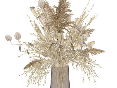 Natural Dried Flower Arrangement In Gray Vase With Wheat Reed Cotton And Dried Grass 3d model