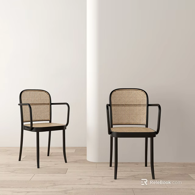 Modern Dining Chairs With Black Frame Rattan Backrest And Armrests 3d model 