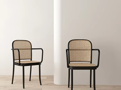 Modern Dining Chairs With Black Frame Rattan Backrest And Armrests 3d model