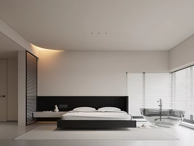 Modern Bedroom With White Walls Black Headboard White Pillows Transparent Glass Bathtub And Window Blinds 3d model