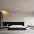 Modern Bedroom With White Walls Black Headboard White Pillows Transparent Glass Bathtub And Window Blinds