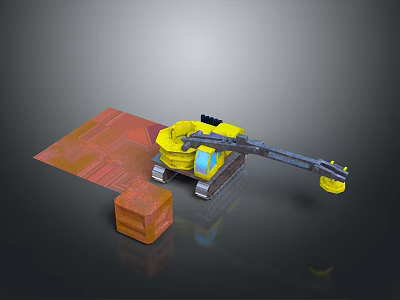 Yellow Tracked Excavator With Long Digging Arm And Orange Block On Red Construction Surface 3d model