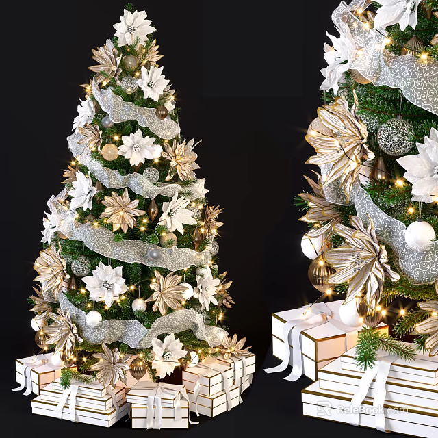Festive Christmas Tree Decorated With White Flowers Gold Leaves Silver Ornaments And Gift Boxes 3d model 