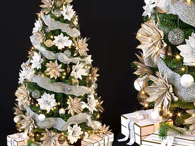 Festive Christmas Tree Decorated With White Flowers Gold Leaves Silver Ornaments And Gift Boxes 3d model