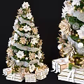 Festive Christmas Tree Decorated With White Flowers Gold Leaves Silver Ornaments And Gift Boxes