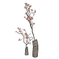 Pink Flowers with Slender Branches in Brown Textured Vase Natural Decorative
