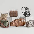 Diverse Luggage Bags Display With Woven Leather Backpack Handbag And Storage Case On Marble Platforms