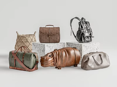 Diverse Luggage Bags Display With Woven Leather Backpack Handbag And Storage Case On Marble Platforms 3d model