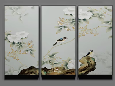 Botanical Triptych Paintings With White Flowers Green Leaves Birds And Branches 3d model