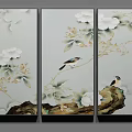Botanical Triptych Paintings With White Flowers Green Leaves Birds And Branches