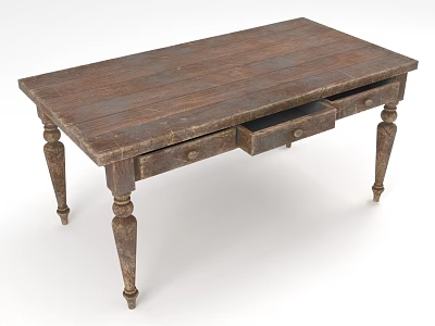 Sturdy Distressed Vintage Wooden Desk With Functional Drawers And Carved Legs 3d model