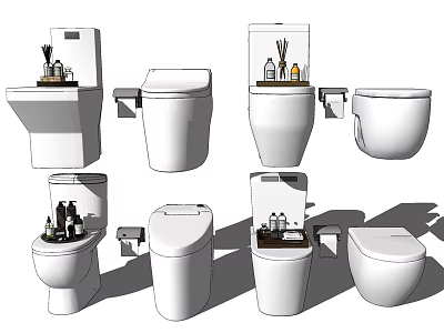 Various Modern Toilet Designs Including Wall Hung And Floor Standing With Toiletries On Top 3d model