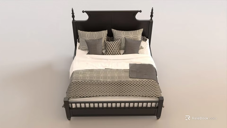 Classic Dark Wooden Double Bed With Multiple Grey White Pillows And Geometric Patterned Bedspread 3d model